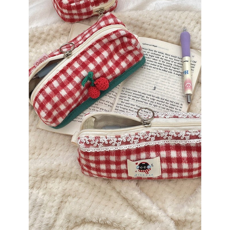 Wool Plaid Storage Bag Student Sanitary Bag Stationery Pencil Bag Large Capacity Multifunctional Cosmetic Bag - Image 5